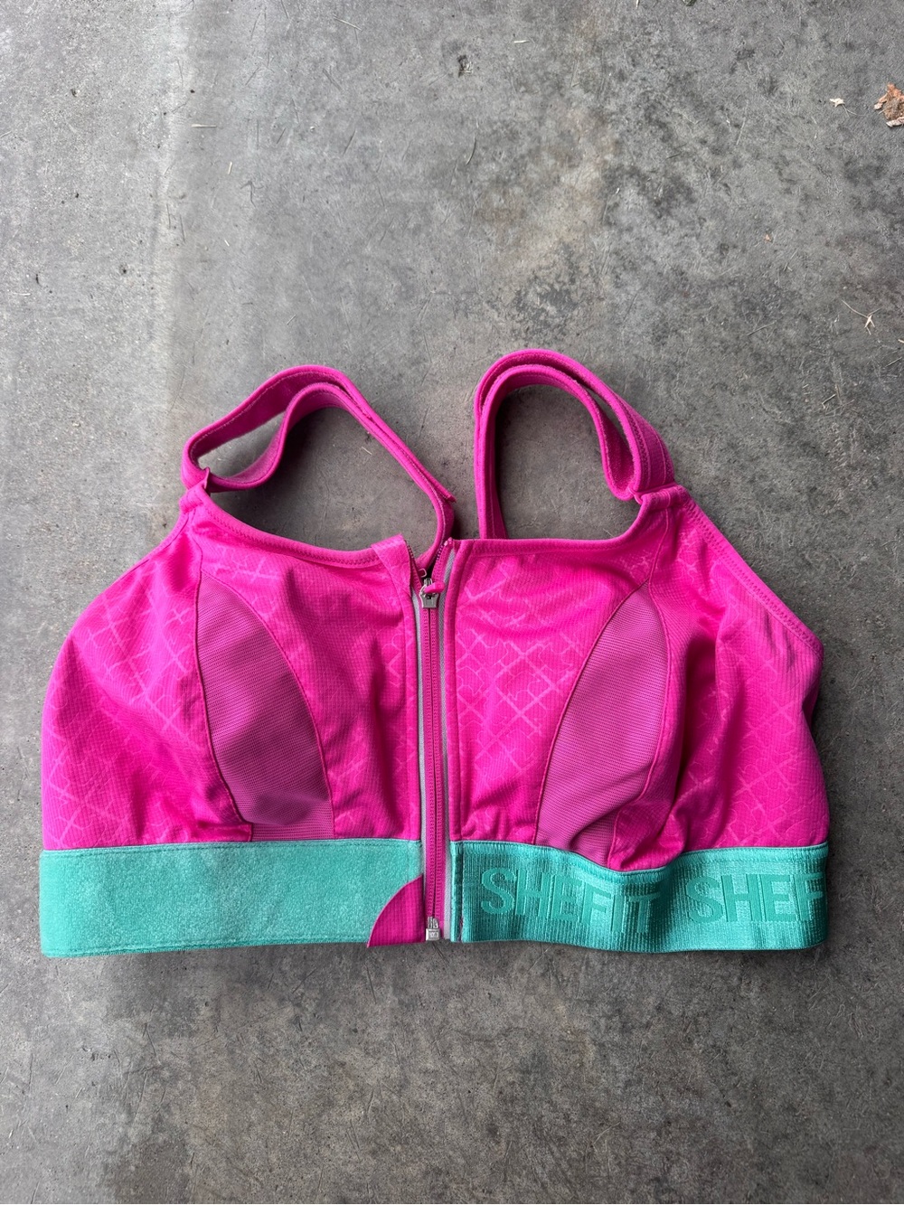 SHEFIT Hot Pink and Teal Front-Zip Sports Bra